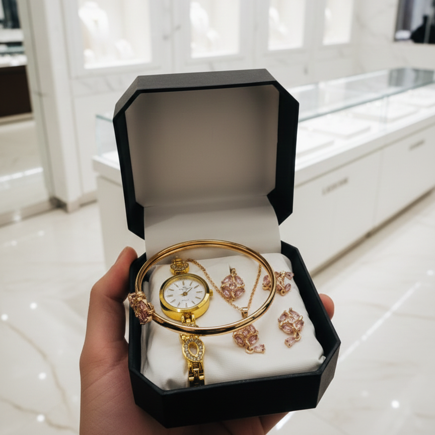 5-Piece Luxury Gold & Pink Crystal Women's Watch & Jewelry Gift Set | Bangle Necklace Earrings Ring | Premium Gift Box