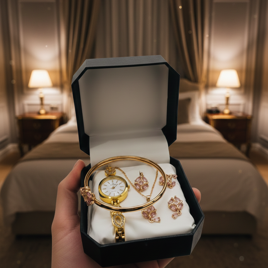 5-Piece Luxury Gold & Pink Crystal Women's Watch & Jewelry Gift Set | Bangle Necklace Earrings Ring | Premium Gift Box