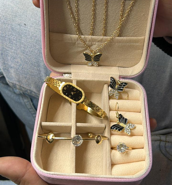 Elegant Butterfly Jewelry Gift Set – 6-Piece Gold-Tone Collection with Luxury Travel Case