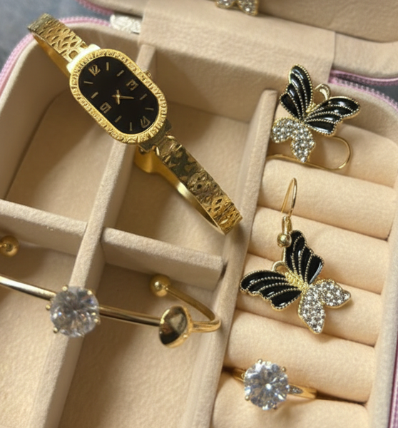 Elegant Butterfly Jewelry Gift Set – 6-Piece Gold-Tone Collection with Luxury Travel Case