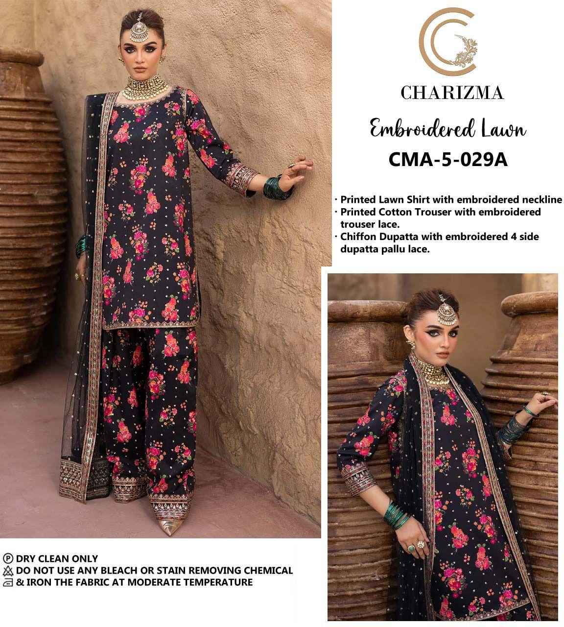 CHARIZMA CMA-5-029A Luxury Black Floral Embroidered Lawn 3-Piece Suit | Embroidered Neckline & Cuffs | Chiffon Dupatta