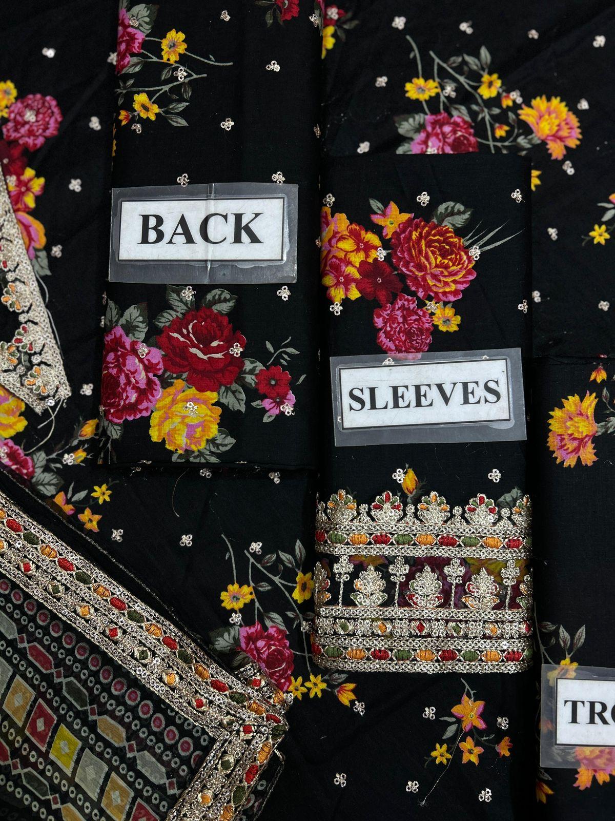 CHARIZMA CMA-5-029A Luxury Black Floral Embroidered Lawn 3-Piece Suit | Embroidered Neckline & Cuffs | Chiffon Dupatta