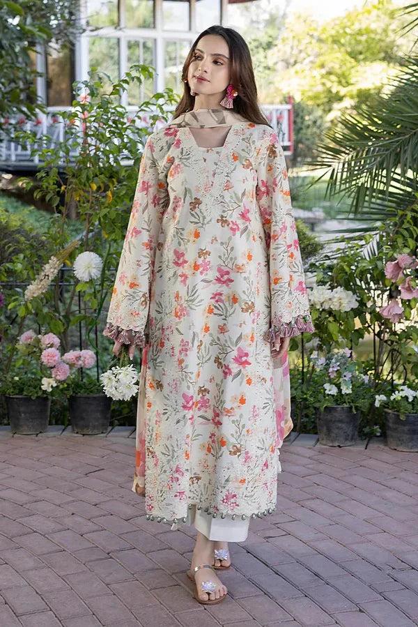 CRIMSON Luxury Cream Floral Printed Lawn 3-Piece Suit | Embroidered Daman & Sleeves | Cutwork Lace Detai