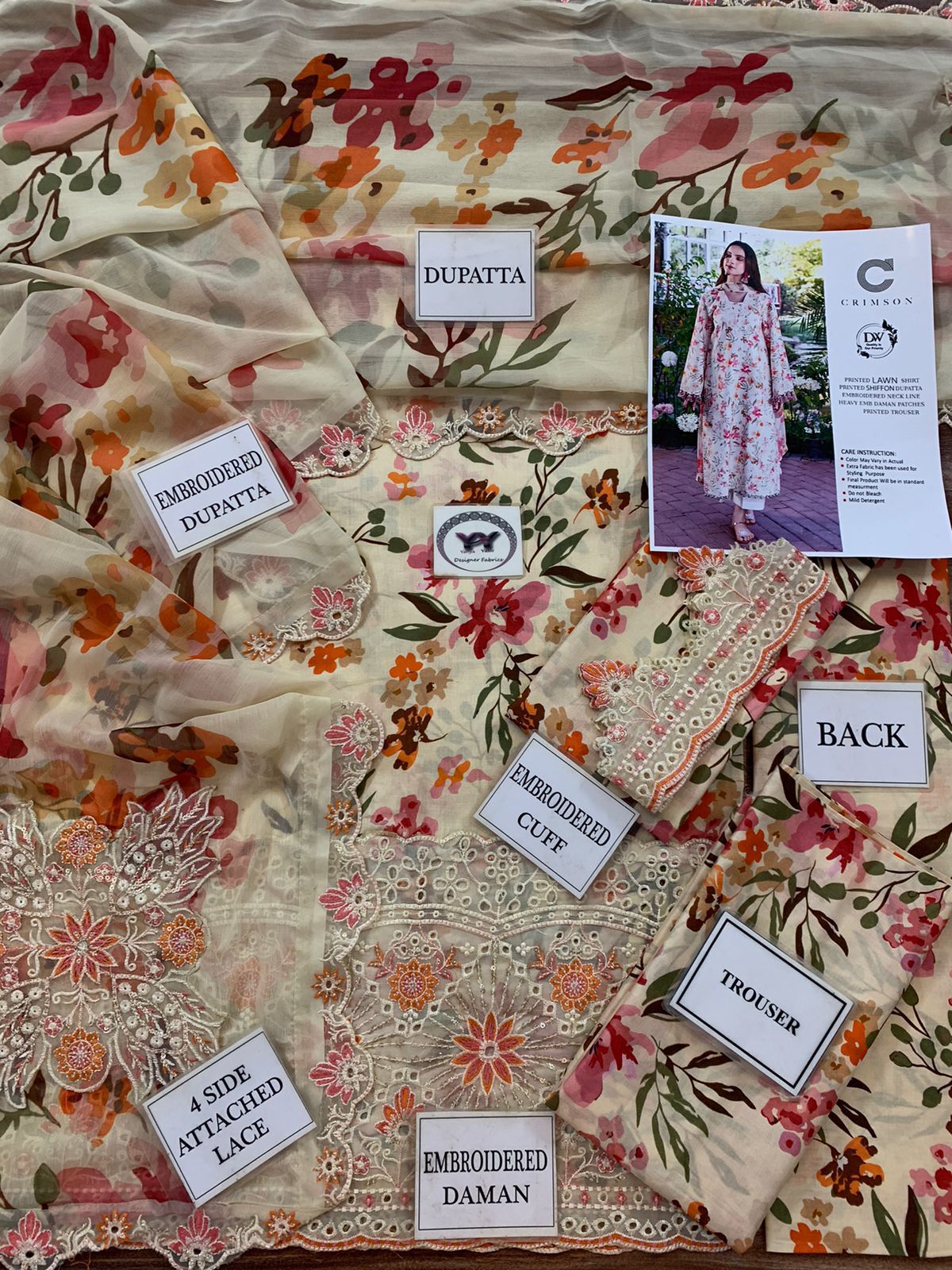 CRIMSON Luxury Cream Floral Printed Lawn 3-Piece Suit | Embroidered Daman & Sleeves | Cutwork Lace Detai