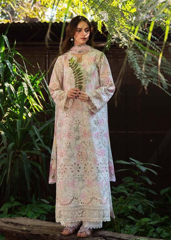NESHY Luxury White & Pink Floral Printed Lawn 3-Piece Suit | Heavy Cutwork Embroidery | Lace Daman & Cuffs