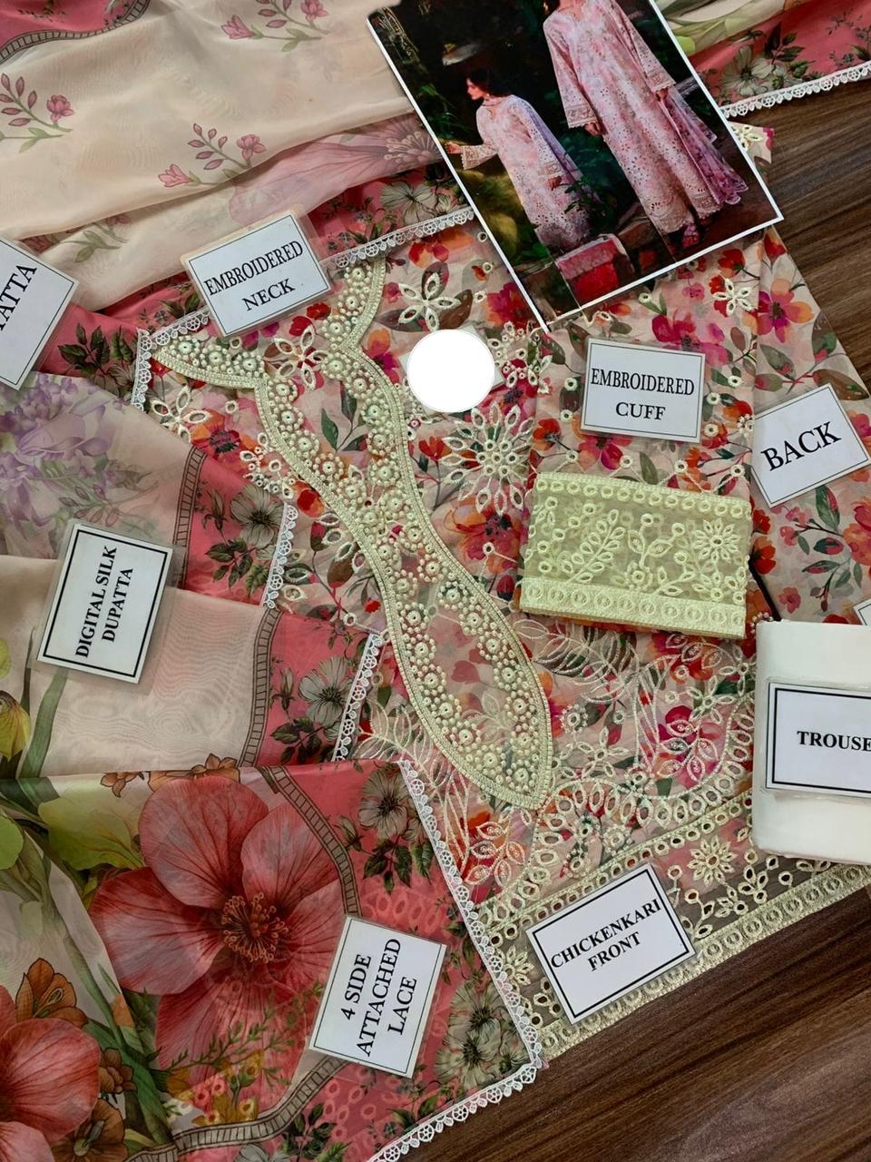 NESHY Luxury White & Pink Floral Printed Lawn 3-Piece Suit | Heavy Cutwork Embroidery | Lace Daman & Cuffs